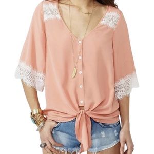 Peach Tied Button Up Blouse With White Lace Trim